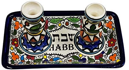 Bethlehem Gifts Shabbat-Kerzenhalter, jüdische Kerzenständer für Shabbat, armenische Keramik, Blumen-Design