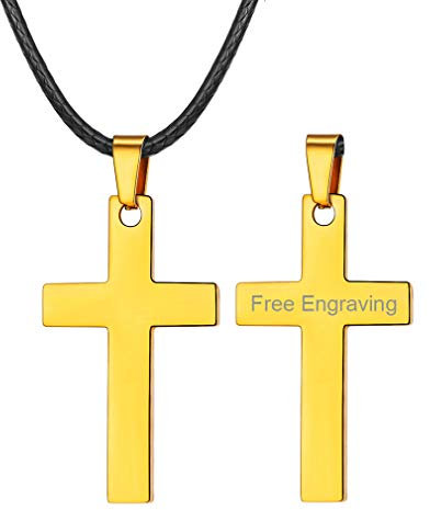 FaithHeart Geschenkidee - Lederkette für Damen und Herren mit Kreuz Anhänger aus Edelstahl, Goldkette Gravur