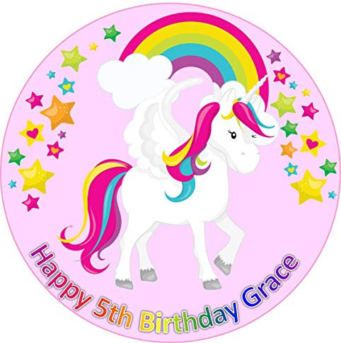 Unicorn Pink with Rainbow and Stars Round Circle Cake Edible Icing or Wafer Topper 7.5 inch Personalised (Icing)