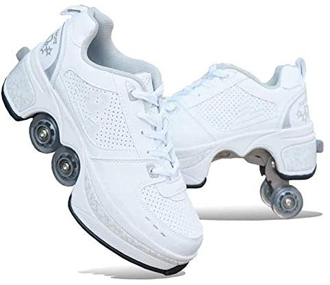 FLY FLU Schuhe Mit Rollen Skateboardschuhe,Inline-Skate,2-in-1-Mehrzweckschuhe,Verstellbare Quad-Rollschuh-Stiefel-Männliche Und Weibliche Paare 35-43EU,White-40