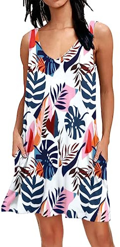 AUSELILY Sommerkleid Damen Ärmellose Strandkleid Leicht Swing Kleid V Ausschnitt Mini Kleid mit Taschen 04 Blauer Wegerich M