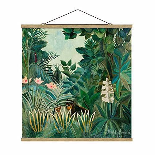 Stoffbild mit Posterleisten - Henri Rousseau - Dschungel am Äquator - 100cm x 100cm, Material: Eiche