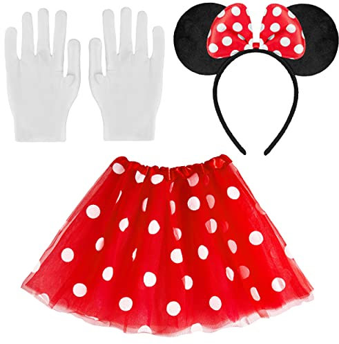 Balinco Maus Kostüm mit Tull Rock + Haarreif mit roter Schleife & weißen Punkten + weiße Handschuhe für Mädchen