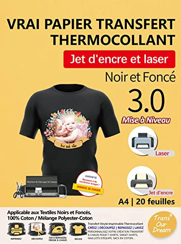 TransOurDream Tasche 20 Blatt A4 Transferpapier für Textilien 3.0 – Tintenstrahl- & Laser-Drucker, Transferpapier für T-Shirts und Textilien, schwarz oder dunkel, kein Spiegeldruck, FR3-3.0-20