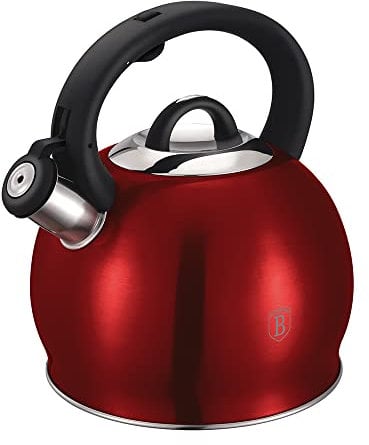 Berlinger Haus Whistling Tea Kettle for Stove Top, 3.2 Quart Stainless Steel Tea Pots for Stove Top, Stovetop Kettle with Push Button Handle, Enhanced Induction Base Stainless Steel Teapot, Red