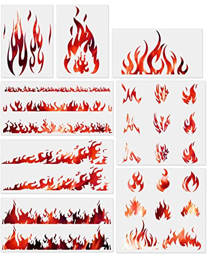 8 Stück Flammenschablonen für Feuer/Airbrush-Schablonen für Schuhe, wiederverwendbare Airbrush-Flammenschablone für Holzschild, Kleidung, Kunst, Fenster, Wand, Handwerk, Heimdekoration (Feuer)