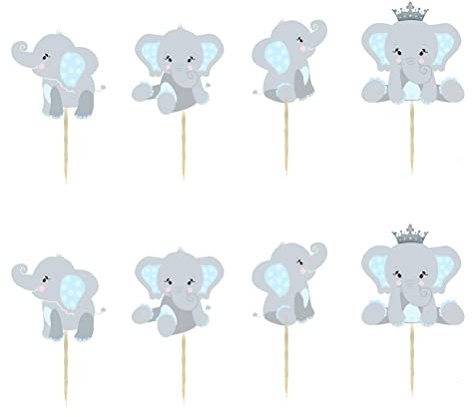 Houhounb Blau Elephant Tortendeko Junge Babyparty Kuchen Topper Kuchendeko Baby Shower Boy Kuchen Topper Elefante Kuchen Zubehör Tortendekoration Baby Taufe, 24 Stück