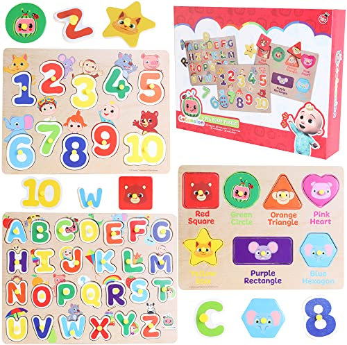 Toyland® Cocomelon Puzzles aus Holz mit Lochplatte, 3 Stück, Lernpuzzle für Kinder, Spielzeug für Kleinkinder – Alter 18 m +