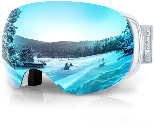 Findway Maschere da Sci Magnetica Donna Uomo, Maschera per Snowboard e Sci per Occhiali da Vista OTG, Blu Lente Polarizzata Specchio