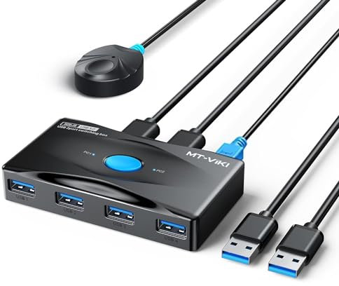 MT-VIKI 2 in 4 Out USB Switch 2PC USB 3.0 KVM Switch mit 2x1.5m USB 3.0 Kabeln Type-C Stromversorgung Desktop-Selektor für Tastatur Maus Drucker Scanner USB Sticks