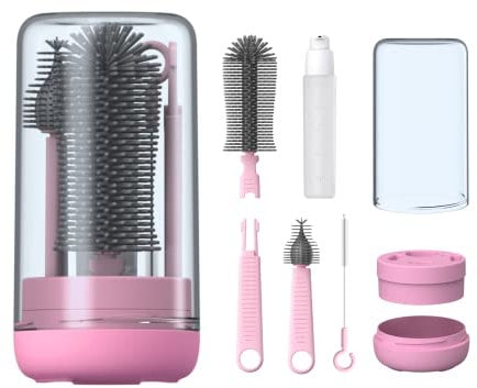 YOTIME Set Cepillo Limpia Biberones Viaje Contener Cepillo Limpia Biberones Silicona, Cepillo para Tetinas y Pajitas, Dispensador de Limpiador de Biberones, guardapolvo, con Soporte, sin BPA, Rosa