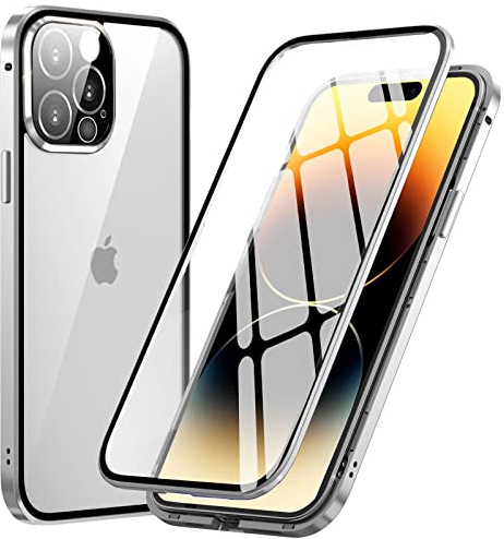 MIMGOAL Case for iPhone 14 Pro Max Magnetic Glass Silver | Magnetic Adsorption, Front And Back Glass, 360 Protection, Metal Bumper, Camera Protector