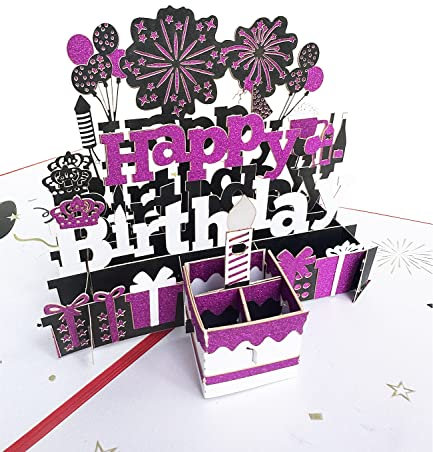 Geburtstagskarte Geburtstagskarten 3D Pop Up Karte Geburtstag für Familie Freunde Männer Frauen oder Kinder(Lila)