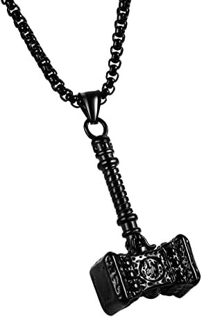 Cupimatch Herren Edelstahl Halskette, Thor Hammer Anhänger Hochglanz Poliert mit 55cm Kette, Schwarz