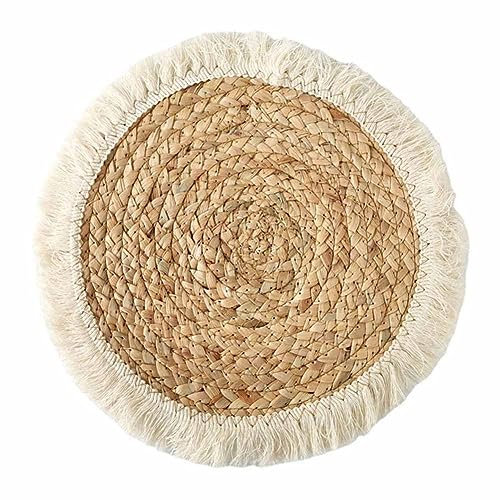 SHTGOI 2 Stück Makramee Untersetzer Handgefertigte Gewebte Runde Tischsets mit Quasten rutschfest Hitzebeständige Boho Baumwolle Platzsets Coasters für Zuhause Restaurant Büro Bar Primärfarbe 30cm