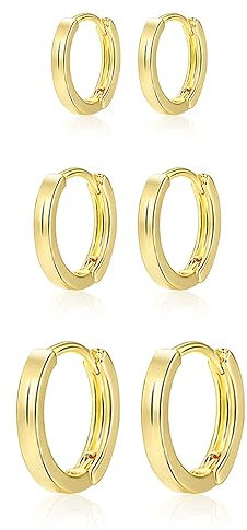 Gold kleine Creolen Ohrringe Set für Damen, 3 Paar 14 Karat vergoldet kleine Ohrringe Set Huggie-Creolen hypoallergen kleine Creolen Set Knorpel Piercing Creolen Ohrringe 12 14 16 mm