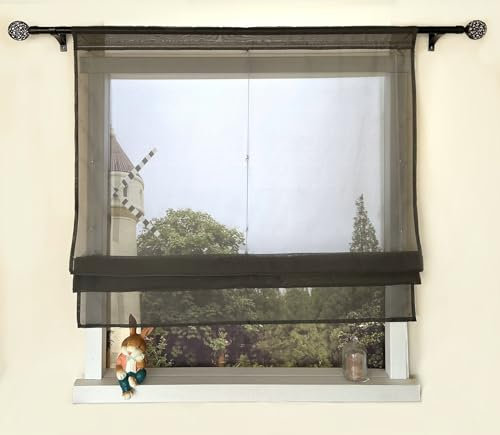 Devola Raffrollo Einfarbig Voile Raffgardinen Küchengardinen Transparent Bändchenrollo mit Tunnelzug Fertiggardinen Moder HxB 140x140cm Dunkelgrau 1 Stück