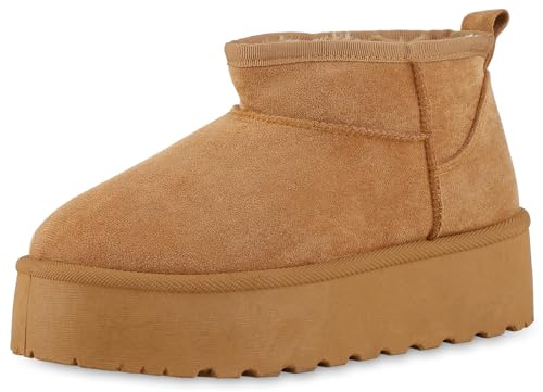 VAN HILL Damen Winter Boots Plateau Profilsohle Bequem Schuhe 213959 Hellbraun 36