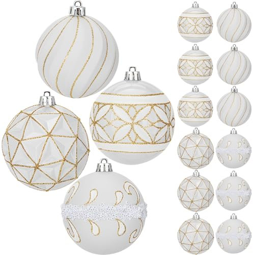 Hollyone 12PCS Weiß Weihnachtskugeln Ornamente Set 8CM Glitzernde Christbaumkugeln für Weihnachtsdekorationen Handbemaltes Hängendes Weihnachtsschmuck für Weihnachtsbaum Urlaub Party