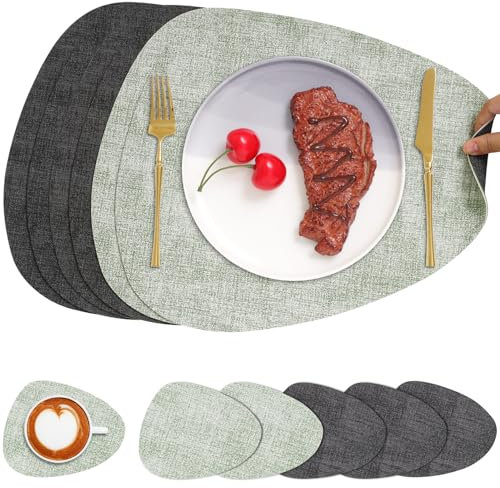 Chitomars Tischsets Kunstleder und Untersetzer, Tischsets Abwaschbar Doppelseitigen rutschfest Platzsets Rund Lederoptik Platzdeckchen Teller Untersetzer (6er Set, Grau Grün)