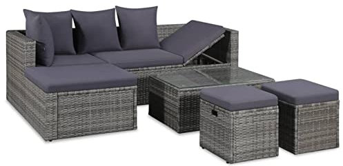 Homgoday 4-TLG. Garten-Lounge-Set mit Auflagen Gartenmöbel Set Balkonmöbel Gartenlounge Gartensofa Ecksofa Gartenset Lounge Sitzgruppe für Garten Terrasse Balkon Poly Rattan Grau