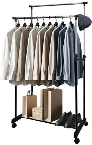 My-goodbuy24 Kleiderständer mit 2 höhenverstellbaren Kleiderstangen, Garderobenständer auf Rollen, Rollgarderobe Garderobenwagen, Kleiderwagen stabil, 76 x 41 x 91-159,5cm, schwarz