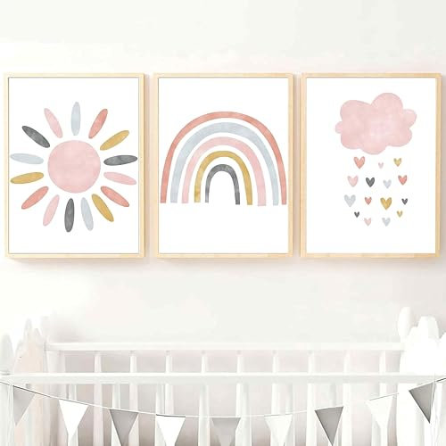 IBXWMNG Lot de 3 posters,Affiche Chambre Enfant Deco, Tableau Fille Decoration,Arc-en-Ciel Nuage Soleil Affiche sans Cadre,Idéal pour décorer les chambres de garçons et de filles-30 x 21cm
