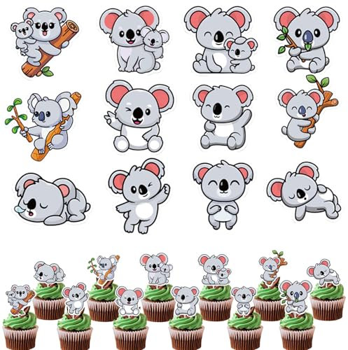 Silars Koala Cupcake Topper, 24 Stücke Tortendeko für Geburtstag, Tortenaufleger für DIY Deko, Wald, Tiermotiv, Babyparty, Party, Tischdekoration