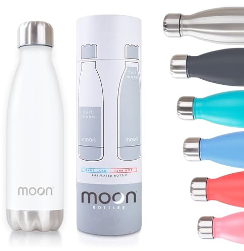 Moon Bottles - Insulated Water Bottle That Lasts Forever - 18/8 Stainless Steel Vacuum Flask - Double Walled Drink Bottle - Thermal Metal Flasks, Leakproof, 24hrs Cold & 12 Hot (260ml, White)