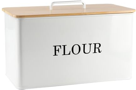 Xbopetda Flour Storage Containers, Metal Flour Bin with Wooden Lids Airtight, Wide Mouth Flour Container, Vintage Rectangle Flour Storage for Kitchen Decor, Pantry Organiser and Storage, Cream White