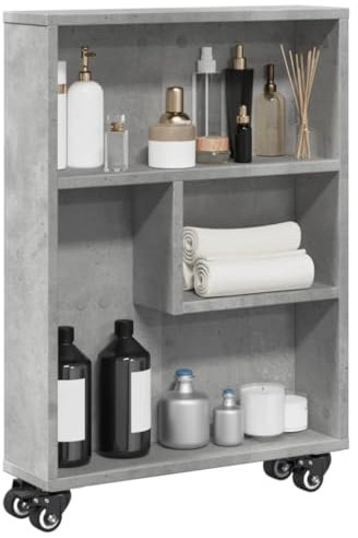 Homgoday Schmaler Rollwagen, Grau, Beton, 48 x 13 x 68 cm, aus Spanplatte, Bücherregal, Vitrine, vertikales Bücherregal, platzsparend, Bücherregal für Wohnzimmer, Arbeitszimmer