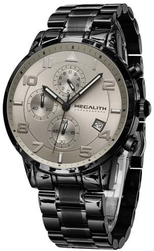 MEGALITH Armbanduhr Herren Sport Chronograph: Analog Quarz Schwarz Edelstahl - Militär Wasserdicht Datum Uhren für Männer