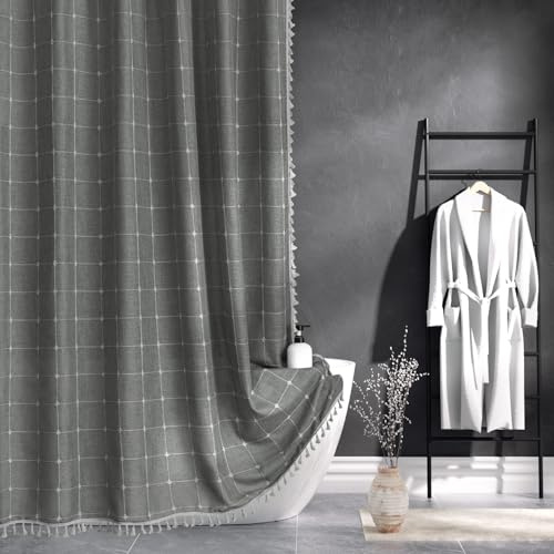 Rideau de douche en tissu robuste texturé en lin de style bohème et moderne avec glands, pour salle de bain, imperméable, 183 x 183 cm, gris anthracite