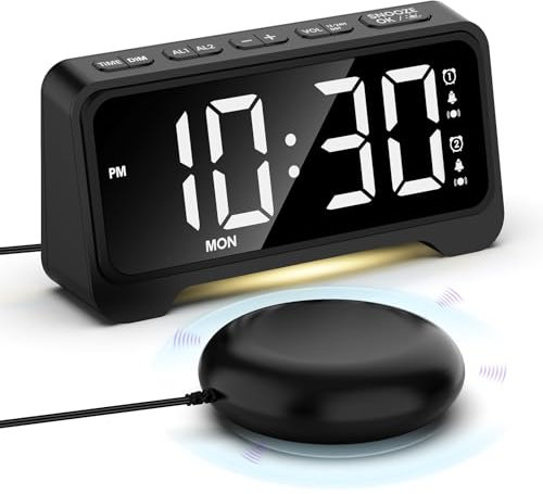 Mesqool Vibrationswecker, Lauter Wecker für Tiefschläfer, Digitaler Wecker mit Nachtlicht, Großes Digital LED Anzeige, USB-Ladegerät, Doppelalarm, Einfach Einzustellen, 12/24H, Batterie-Backup