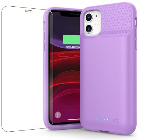 Battery Case for iPhone 11/XR (6.1inch),Upgraded 7500mAh Slim Portable Charger Case Cover,External Battery Pack Charging Case with Tempered-Glass Screen Protector for iPhone 11/iPhone XR (Purple)