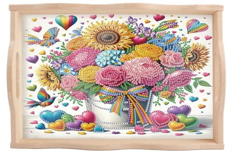 SHEGZHUC Diamond Painting - Vassoio da portata con fiori in vaso, 20 x 30 cm, in legno rettangolare