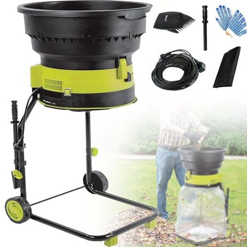 Corded Electric Leaf Mulcher/Shredder,Electric Waste Management with Wheels and Safety Locking Knob,Equipped with Plunger,Collection Bag,Gloves & 40m Power Cord,17:1 Reduction