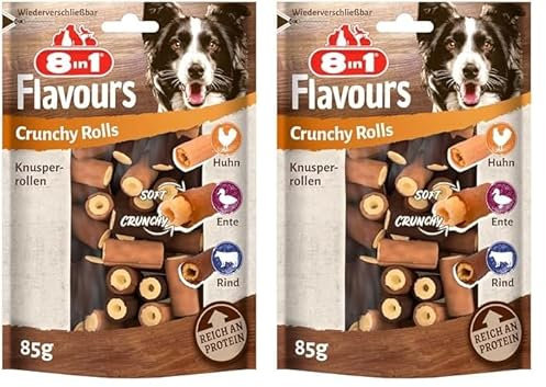 8in1 Flavours Crunchy Rolls Hunde-Snacks - knusprige Leckerlis für Hunde mit Hähnchenbrust, Entenbrust oder Rindfleisch, 85 g Beutel (Packung mit 2)
