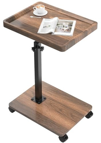 johgee Beistelltisch Holz mit Rollen, Höhenverstellbar (49-82cm), Beistelltisch C Form, Horizontal 360° drehbare Tischplatte, 40 x 30 cm, Beistelltische fürs Wohnzimmer, Sofas, Walnuss Muster