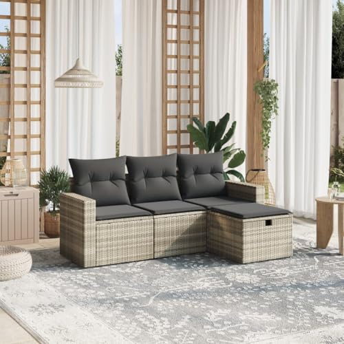 Emmtore 4-TLG. Garten-Sofagarnitur mit Kissen Poly Rattan,1 x Mittelsofa+2 x Sofa mit Armlehnen+1 x Fußhocker,Hellgrau,ohne Stauraum