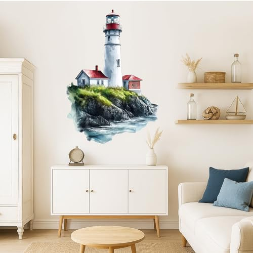 Maritimes Wandtattoo Leuchtturm Meer Küstenblick selbstklebend | Größe 1 | 30 x 43 cm, blau; maritime Wanddeko als selbstklebende Vinylfolie für Bad, Flur und Kinderzimmer