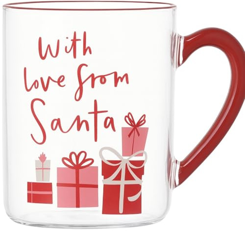 eBoutik - Festive Stylish Glass Cup for Christmas Drinks, Hot Chocolate, Tea & Coffee and Mulled Wine - Stocking Stuffer Cute Mug for Gift Hamper (with Love from Santa)
