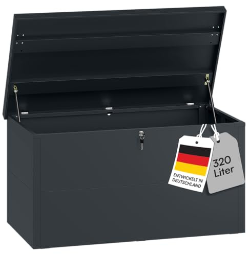 STEELSØN Icarus Gartenbox 320 L, Anthrazit, wasserdicht, abschließbar | Auflagenbox aus Metall, Outdoor Kissenbox, Aufbewahrungsbox, Gartentruhe, 105x65x63 cm, Gartenpolster, Terrasse, Polstertruhe