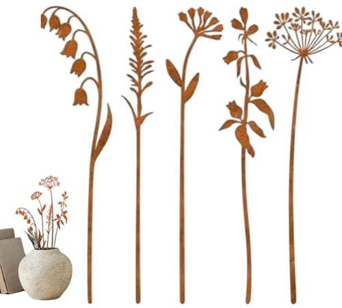 Otbushit Set di 5 paletti da giardino decorativi rustici in metallo, fiori artistici da giardino in metallo per esterni - Decorazione per prato, vialetto e aiuola