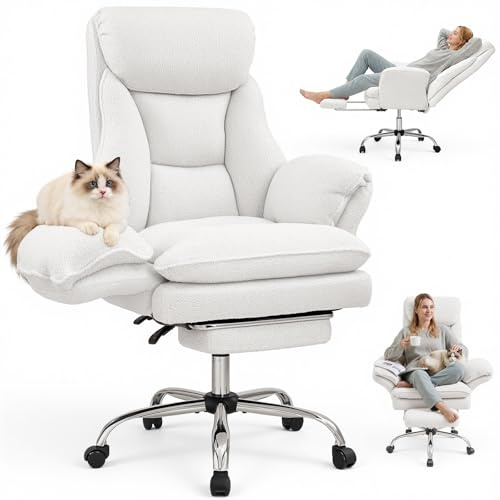 Warmiehomy Big and Tall Office Chair for Home, Criss Cross Chair, White | Teddy Fleece Desk Chair, Flip Armrests for Pets and Cross Legged, Ergonomic Office Chair, High Back 155° Reclining, Wide Seat