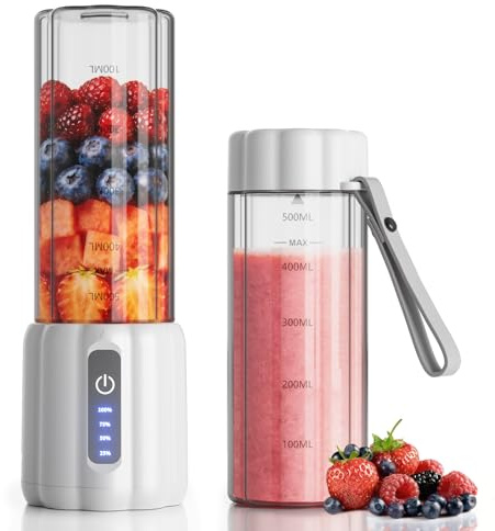 TOMUOO Batidora portátil, licuadora personal para batidos y batidos, pequeña batidora de jugo con pantalla LED, máquina de batidos recargable USB C con 6 cuchillas para cocina, exterior, gimnasio, 17