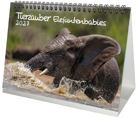 Tierzauber Elefantenbabies DIN A5 Tischkalender für 2027 Elefanten - Seelenzauber