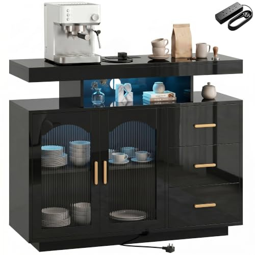 HOMCOM High Gloss Sideboard with LED Lights for 72-Inch TVs TV Unit Black | Built-in Power Outlets, Modern Storage Cabinet, 3 Drawers, Shelves, 2 Acrylic Doors, Soft-Close, Living Room, Furniture