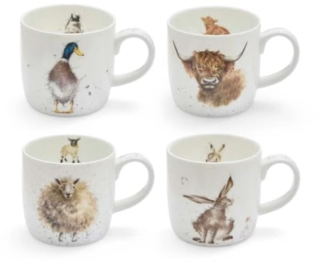 Wrendale Designs Farm Animal Mug Set of 4 – Ceramic Tea & Coffee Mugs Featuring Highland Cow, Sheep, Hare & Duck – Country Kitchen Gift Set