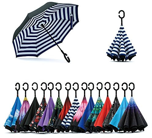 Jooayou Parapluie inversé double couche, poignée en forme de C, pliable, anti-UV coupe-vent, sac de transport